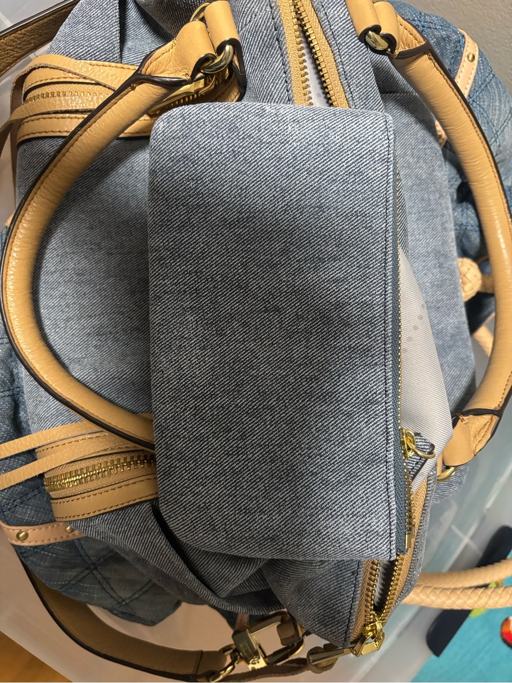Aimee Kestenberg Denim Leather Satchel - Tan Trim & Double Zippers - EUC - Picture 12 of 13